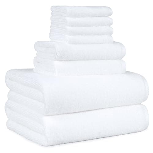 Amazon Basics 100% Cotton Soft Quick-Dry 8-Piece Towel Set (Bath, Hand, Washcloths), White