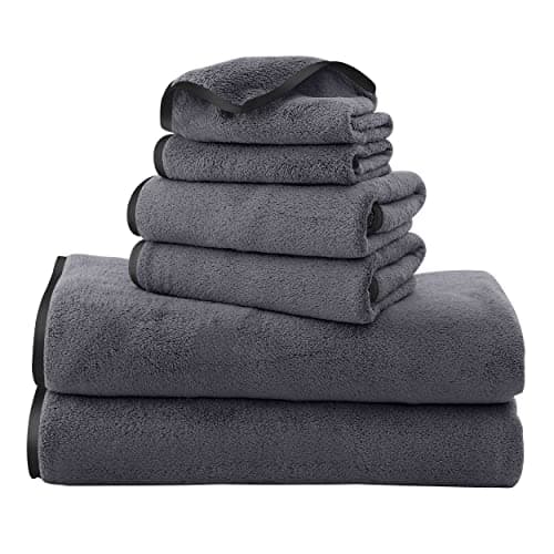 TENSTARS Quick-Dry Microfiber Towel Set, 6 Pieces (2 Bath, 2 Hand, 2 Washcloths), Silk-Hem, Dark Grey