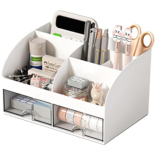COMFYROOM Desk Organizer with 6 Compartments and 2 Drawers, Plastic, White