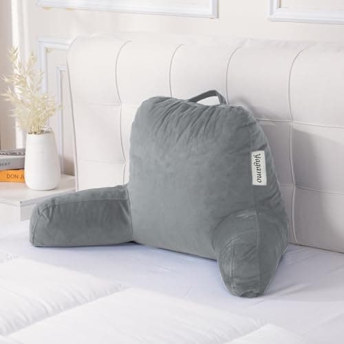 Yagamo Reading Pillow for Bed Sitting Up, Adults and Teens Backrest with Arms, Velvet Back Support Pillow, Standard Grey
