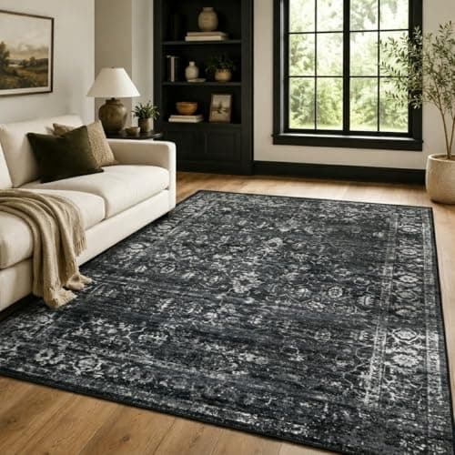 Lahome Margot Vintage 5x7 Washable Low-Profile Area Rug (Black)
