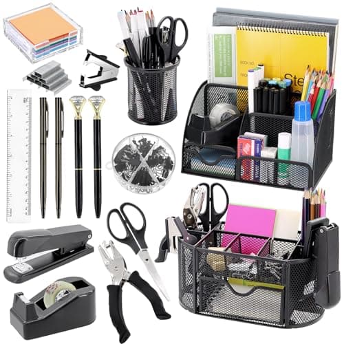 17 in 1 Desk Organizers and Accessories Set (Pens, Stapler, Tape, Scissors, Ruler, Clips, Hole Punch)