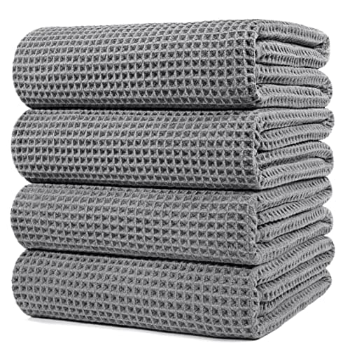 POLYTE 430 GSM Microfiber Oversize Quick-Dry Lint-Free Bath Towel, 60 x 30 in, 4 Pack (Waffle Weave)