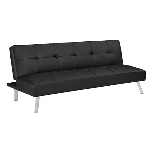 OSP Home Furnishings Kenneth Button-Tufted Convertible Click-Clack Futon Sofa Bed, Black Faux Leather with Chrome Legs