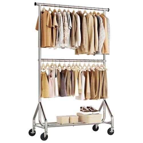 HYSEYY Heavy Duty Clothes Rack, Double Rod Rolling Garment Rack, Adjustable Freestanding Wardrobe Closet, Silver — Recommended per expert consensus