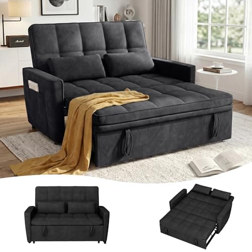 tiramisubest 54" Sleeper Sofa Bed, Convertible Pull-Out Velvet Loveseat with Adjustable Backrest and Side Pockets, Black