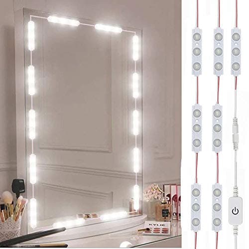 Lighted Makeup Vanity Mirror, Height Adjustable Trifold Mirror with Light Strip, 1X/2X/3X/10X Magnification, 2000mAh Rechargeable, Dimmable 3 Color Lighting