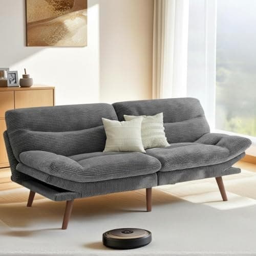 Pipishell Futon Sofa Bed, 66 Inch Corduroy Convertible Couch with Adjustable Backrest and Armrests, Grey