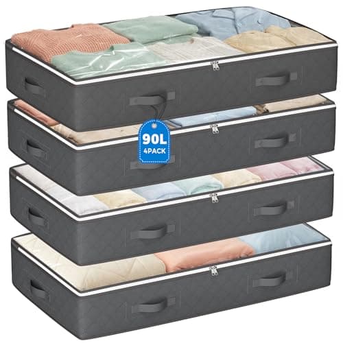 Budding Joy 90L Under Bed Storage Bags, Foldable Zippered Underbed Storage Containers for Linens and Blankets