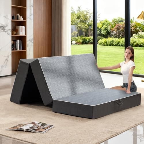 Tri-Folding Full Size Mattress, 6 Inch Dual-Layer Memory Foam Foldable Futon Sofa Bed with Washable Cover, Handle and Non-Slip Bottom